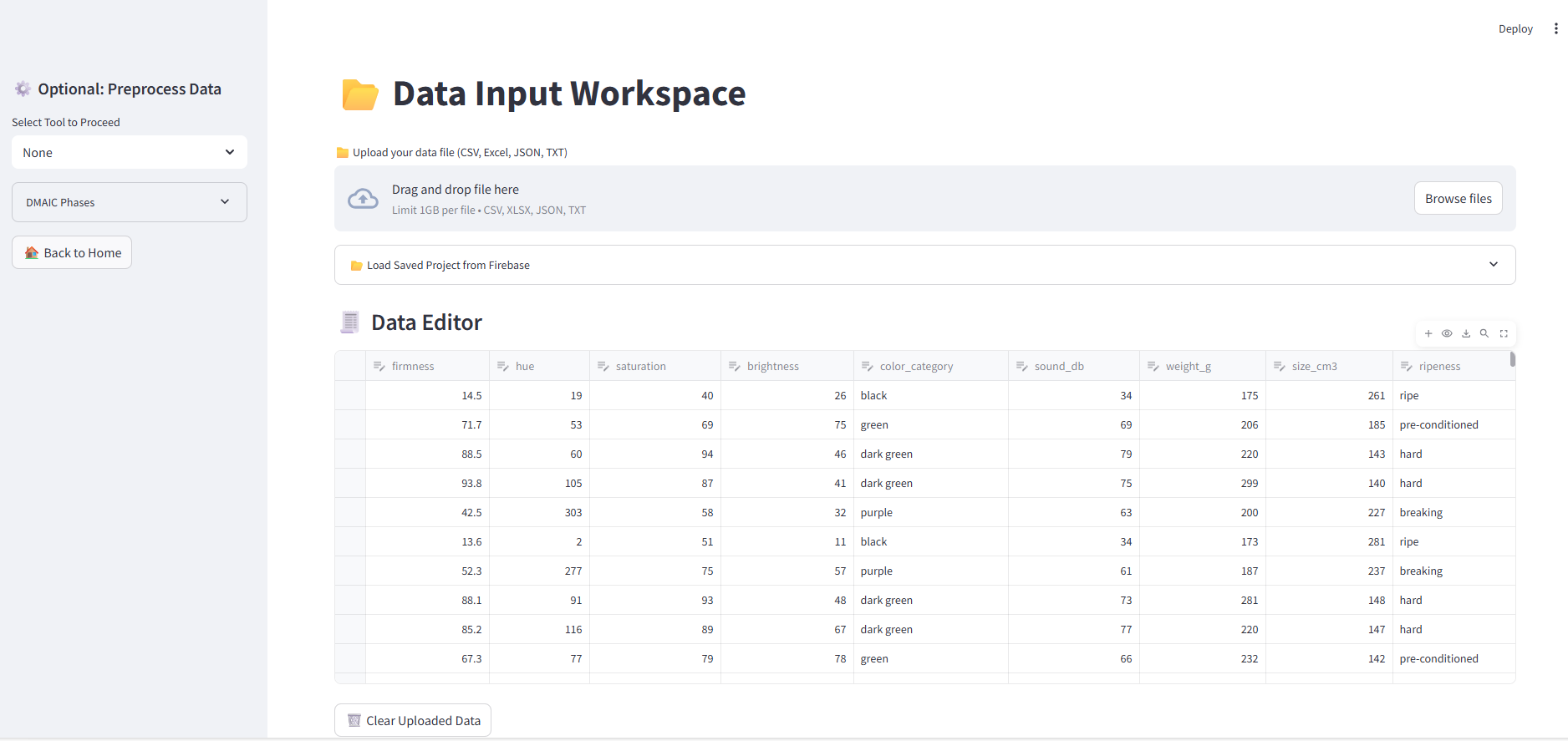StatSigma's data upload interface showing automatic data profiling with insights and cleaning suggestions.